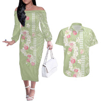 Leaf Green Hawaii Anthurium Plumeria Lei Couples Matching Off The Shoulder Long Sleeve Dress and Hawaiian Shirt