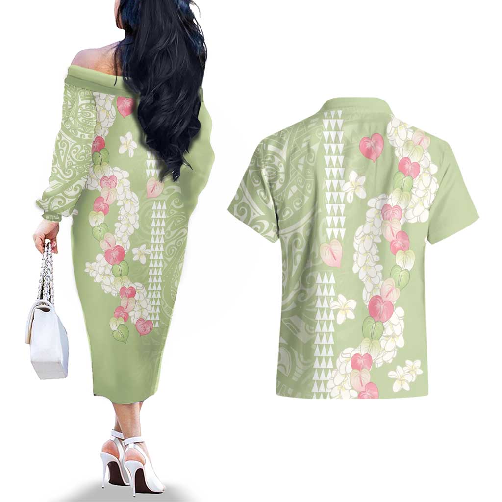 Leaf Green Hawaii Anthurium Plumeria Lei Couples Matching Off The Shoulder Long Sleeve Dress and Hawaiian Shirt