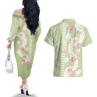 Leaf Green Hawaii Anthurium Plumeria Lei Couples Matching Off The Shoulder Long Sleeve Dress and Hawaiian Shirt
