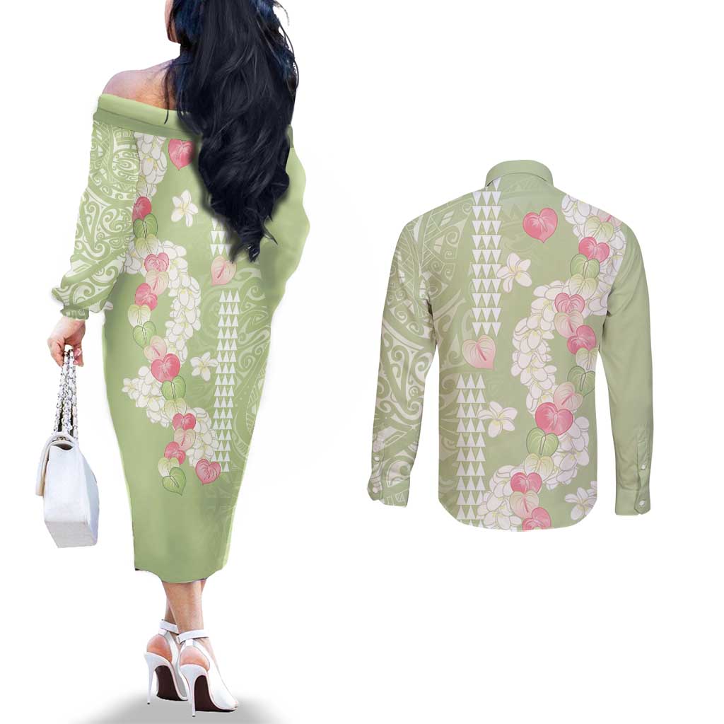 Leaf Green Hawaii Anthurium Plumeria Lei Couples Matching Off The Shoulder Long Sleeve Dress and Long Sleeve Button Shirt
