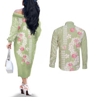 Leaf Green Hawaii Anthurium Plumeria Lei Couples Matching Off The Shoulder Long Sleeve Dress and Long Sleeve Button Shirt