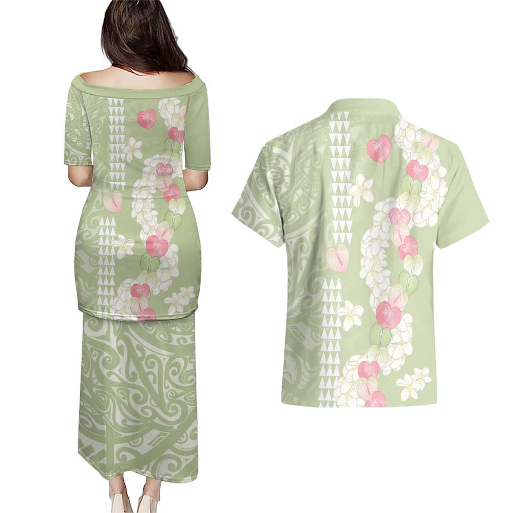 Leaf Green Hawaii Anthurium Plumeria Lei Couples Matching Puletasi and Hawaiian Shirt