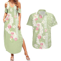 Leaf Green Hawaii Anthurium Plumeria Lei Couples Matching Summer Maxi Dress and Hawaiian Shirt