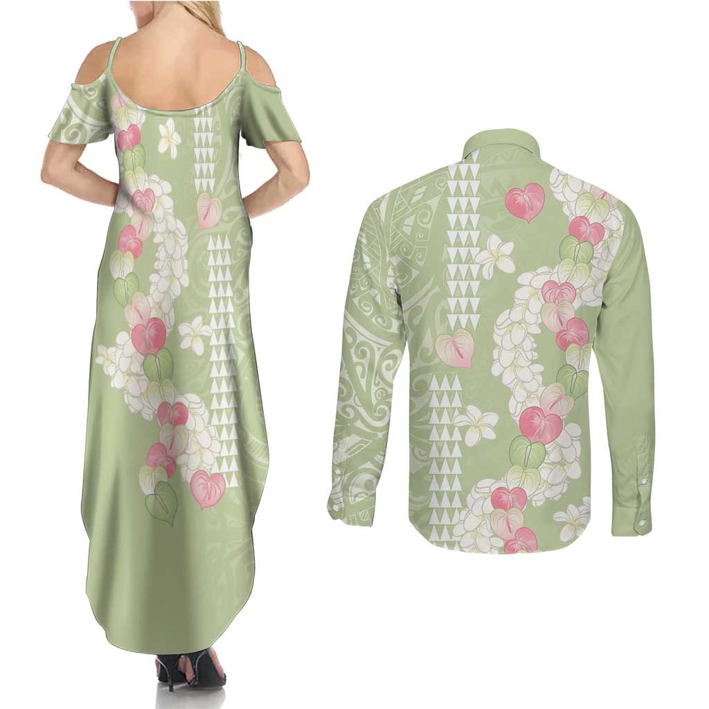 Leaf Green Hawaii Anthurium Plumeria Lei Couples Matching Summer Maxi Dress and Long Sleeve Button Shirt