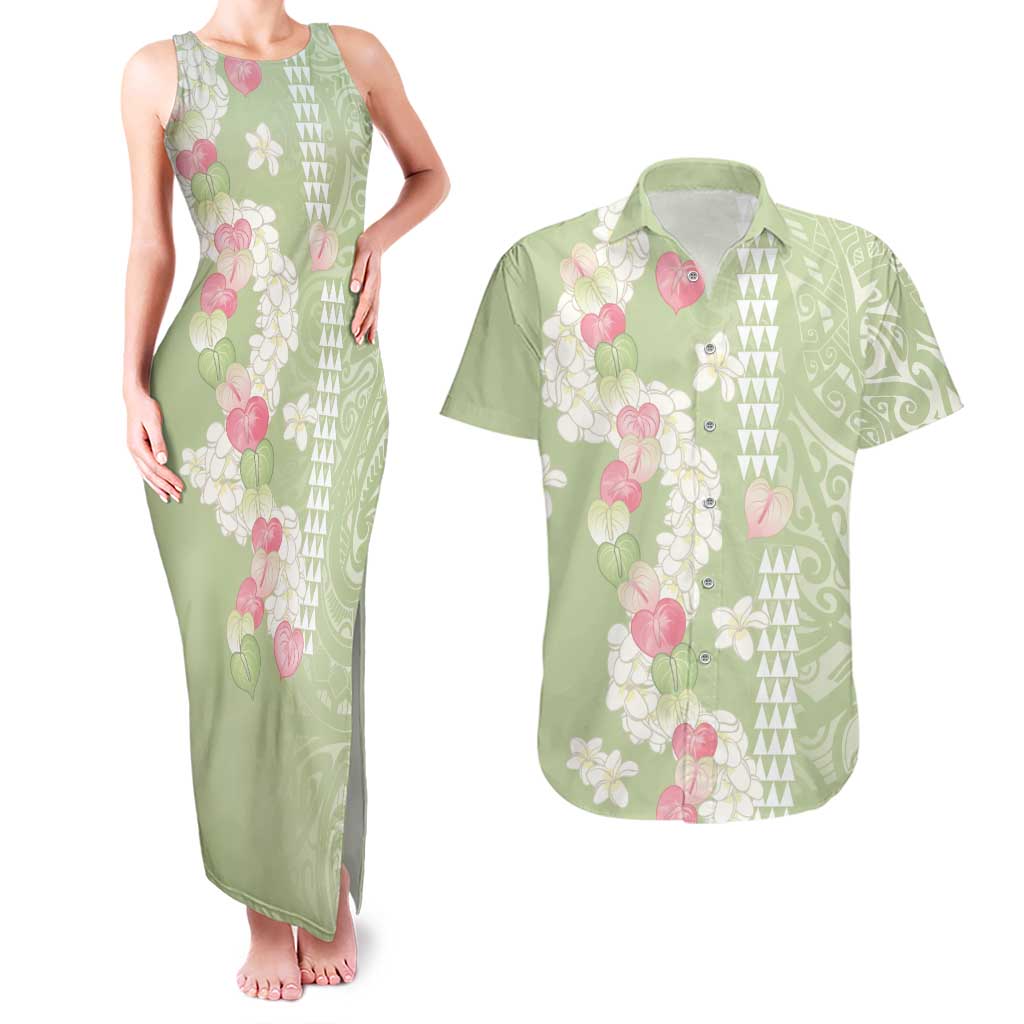 Leaf Green Hawaii Anthurium Plumeria Lei Couples Matching Tank Maxi Dress and Hawaiian Shirt
