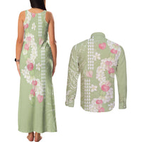Leaf Green Hawaii Anthurium Plumeria Lei Couples Matching Tank Maxi Dress and Long Sleeve Button Shirt