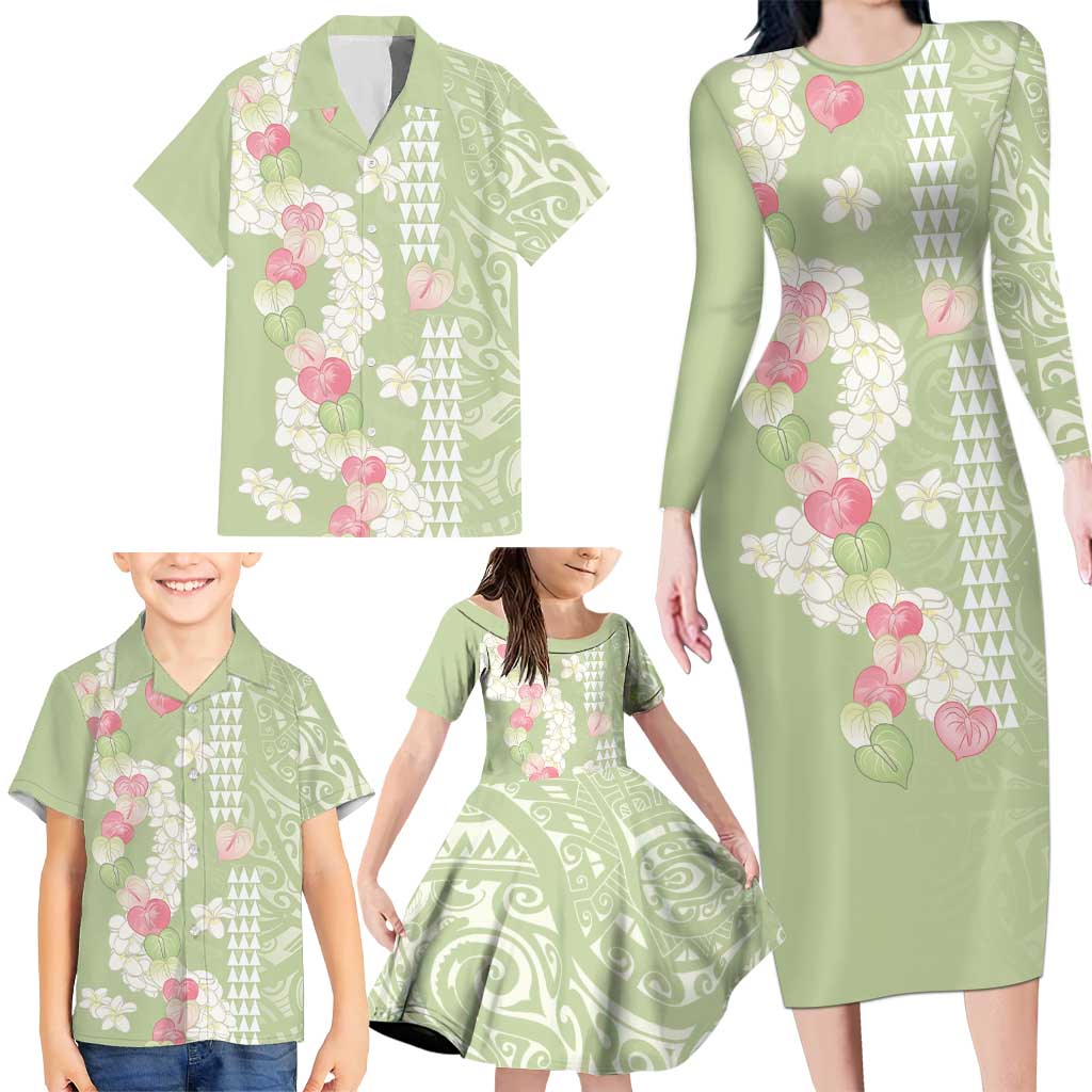 Leaf Green Hawaii Anthurium Plumeria Lei Family Matching Long Sleeve Bodycon Dress and Hawaiian Shirt