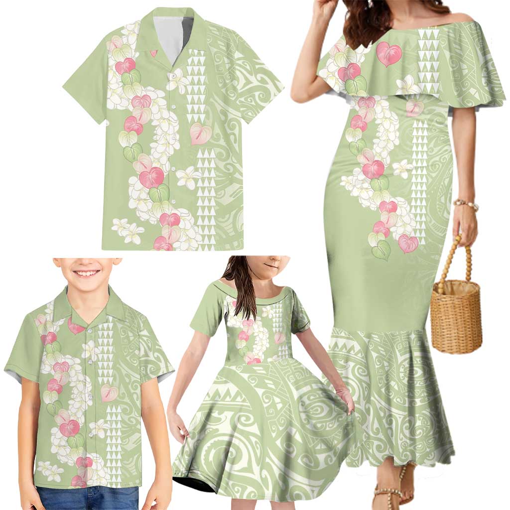 Leaf Green Hawaii Anthurium Plumeria Lei Family Matching Mermaid Dress and Hawaiian Shirt LT9 - Polynesian Pride