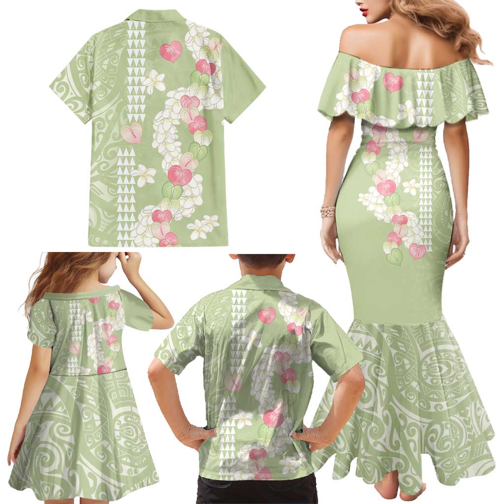 Leaf Green Hawaii Anthurium Plumeria Lei Family Matching Mermaid Dress and Hawaiian Shirt LT9 - Polynesian Pride