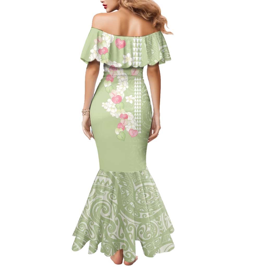 Leaf Green Hawaii Anthurium Plumeria Lei Family Matching Mermaid Dress and Hawaiian Shirt LT9 - Polynesian Pride