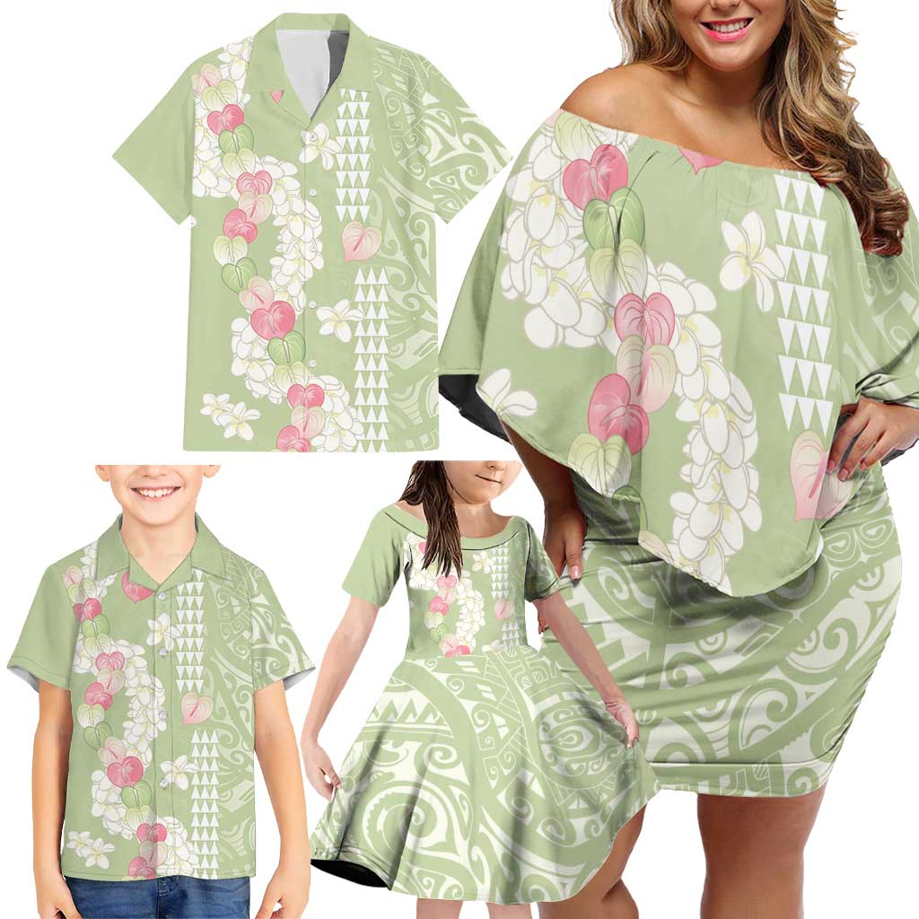 Leaf Green Hawaii Anthurium Plumeria Lei Family Matching Off Shoulder Short Dress and Hawaiian Shirt