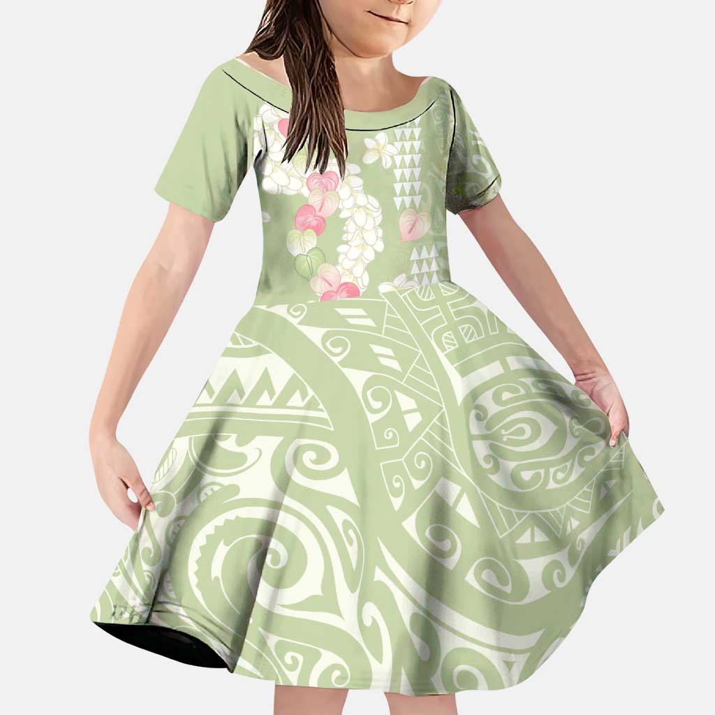 Leaf Green Hawaii Anthurium Plumeria Lei Family Matching Puletasi and Hawaiian Shirt LT9 Daughter's Dress Green - Polynesian Pride