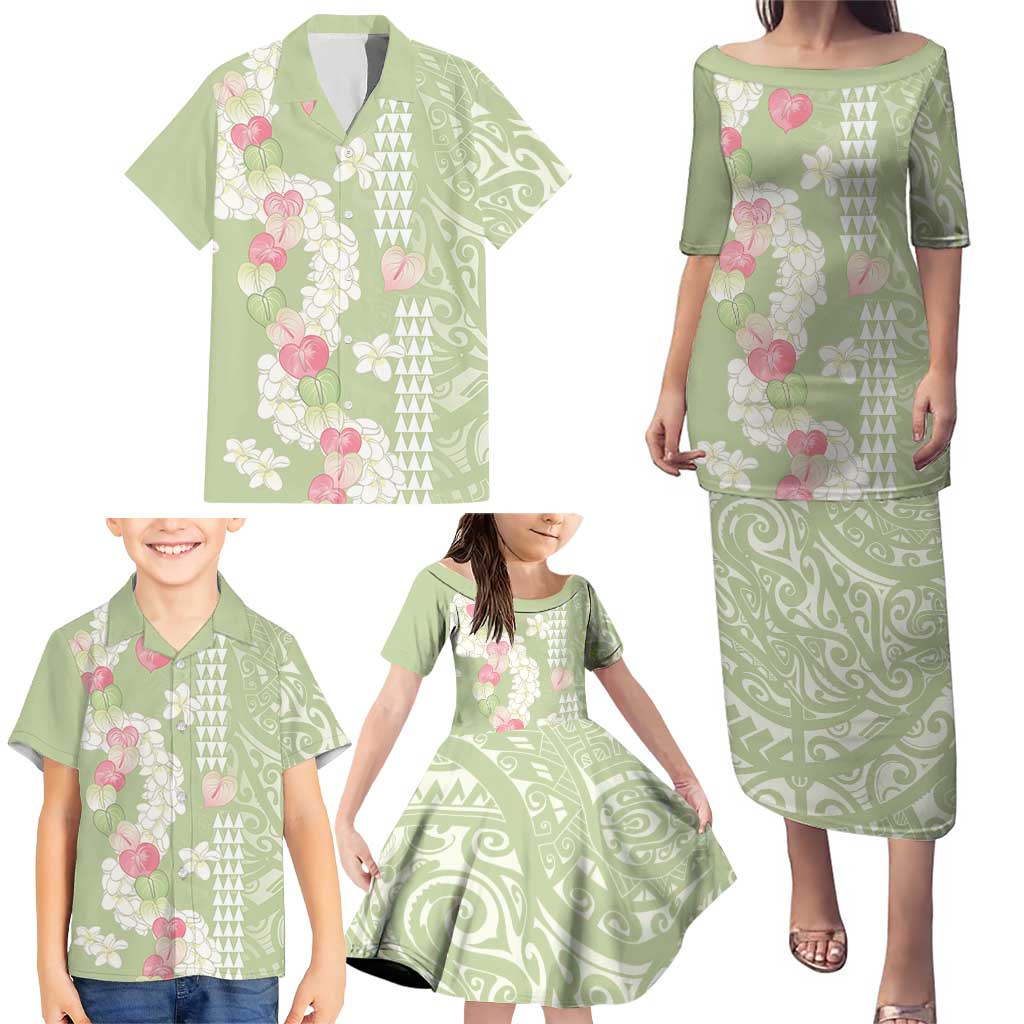 Leaf Green Hawaii Anthurium Plumeria Lei Family Matching Puletasi and Hawaiian Shirt LT9 - Polynesian Pride