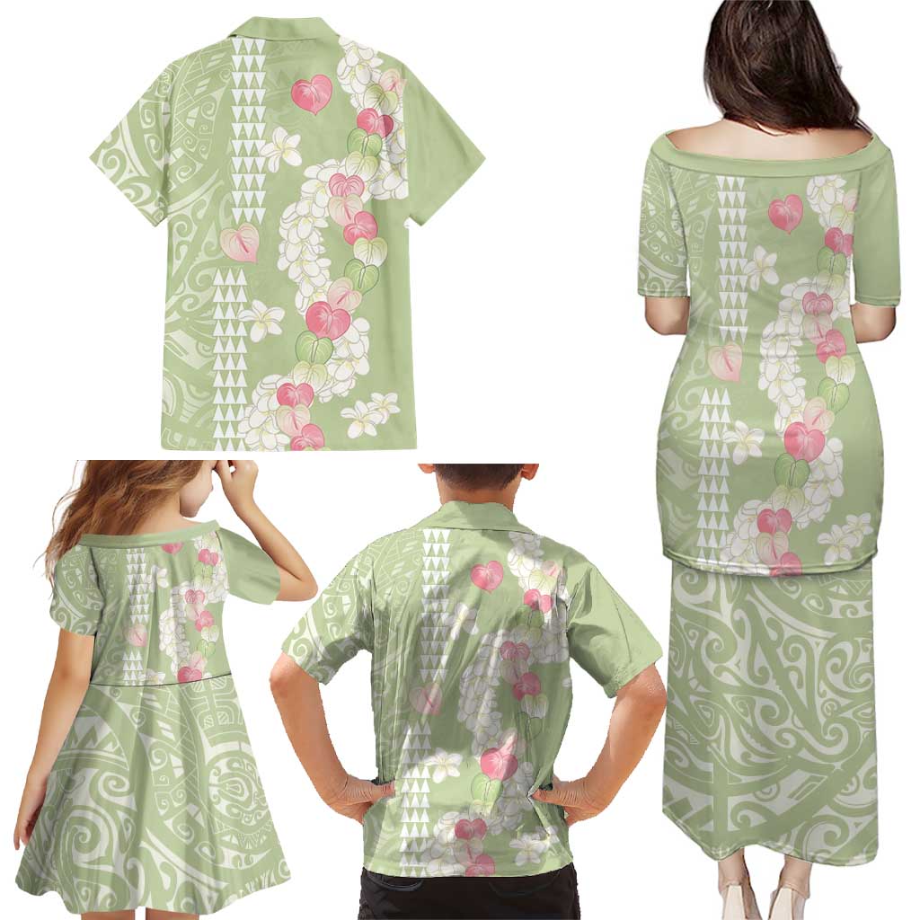 Leaf Green Hawaii Anthurium Plumeria Lei Family Matching Puletasi and Hawaiian Shirt LT9 - Polynesian Pride