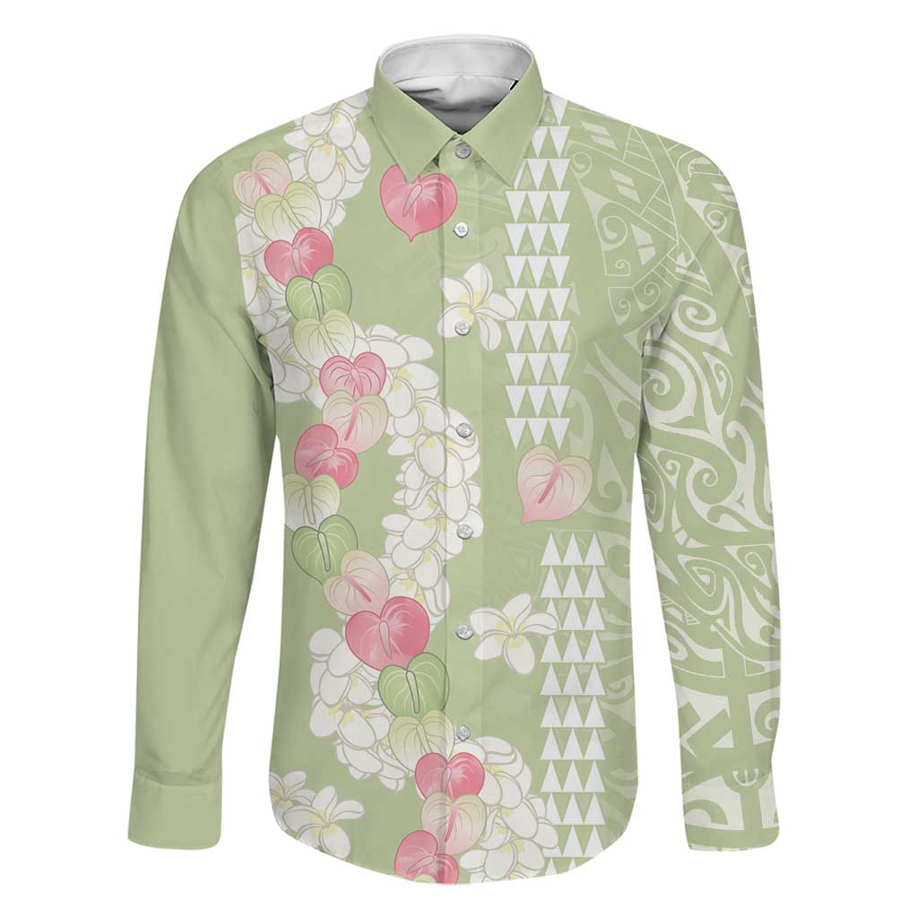 Leaf Green Hawaii Anthurium Plumeria Lei Family Matching Puletasi and Hawaiian Shirt LT9 Dad's Shirt - Long Sleeve Green - Polynesian Pride
