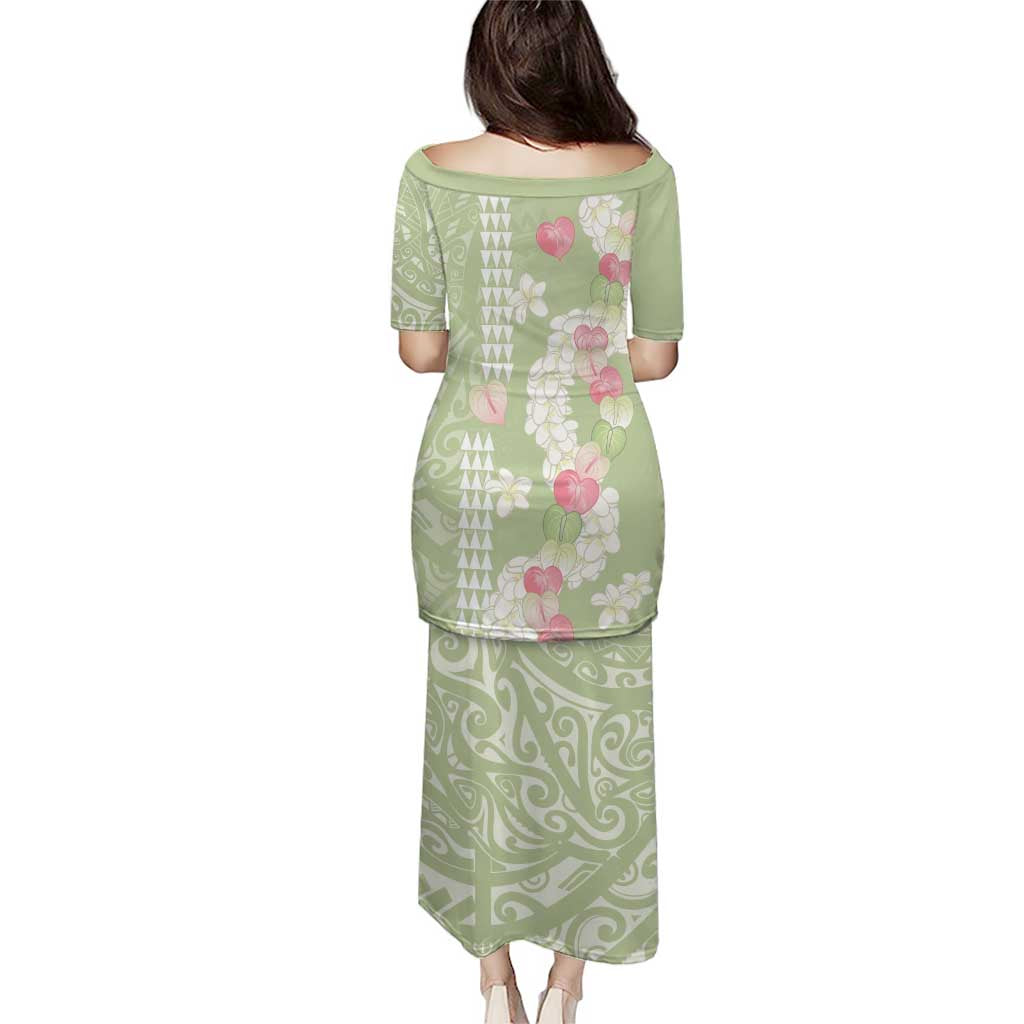 Leaf Green Hawaii Anthurium Plumeria Lei Family Matching Puletasi and Hawaiian Shirt LT9 - Polynesian Pride