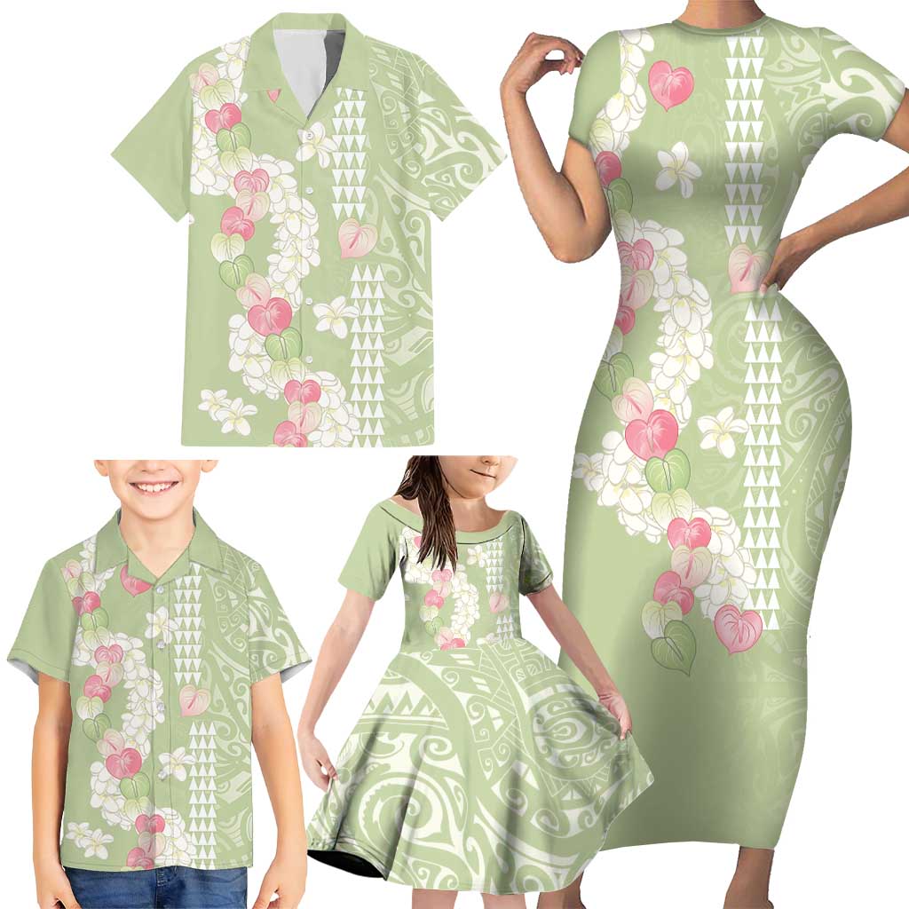 Leaf Green Hawaii Anthurium Plumeria Lei Family Matching Short Sleeve Bodycon Dress and Hawaiian Shirt LT9 - Polynesian Pride
