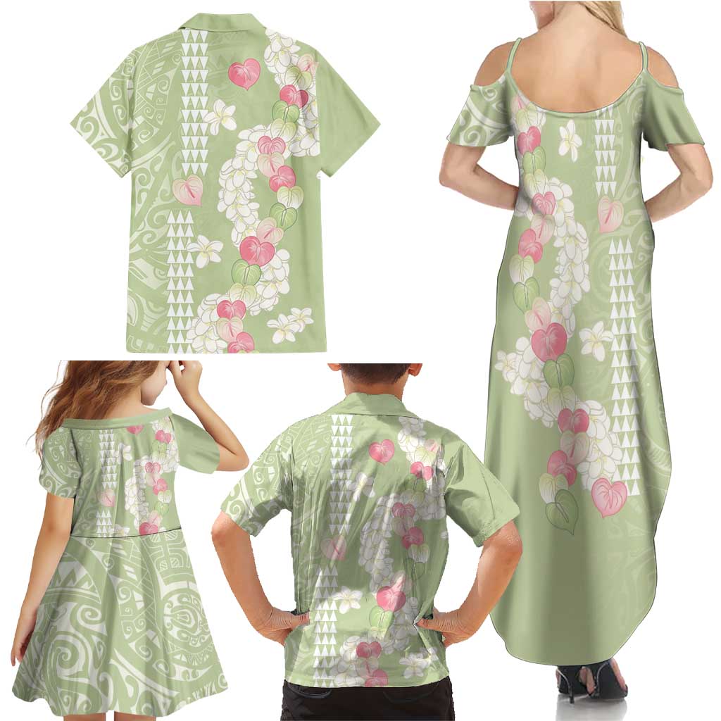 Leaf Green Hawaii Anthurium Plumeria Lei Family Matching Summer Maxi Dress and Hawaiian Shirt