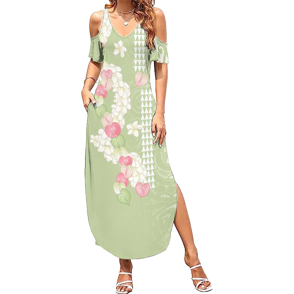 Leaf Green Hawaii Anthurium Plumeria Lei Family Matching Summer Maxi Dress and Hawaiian Shirt