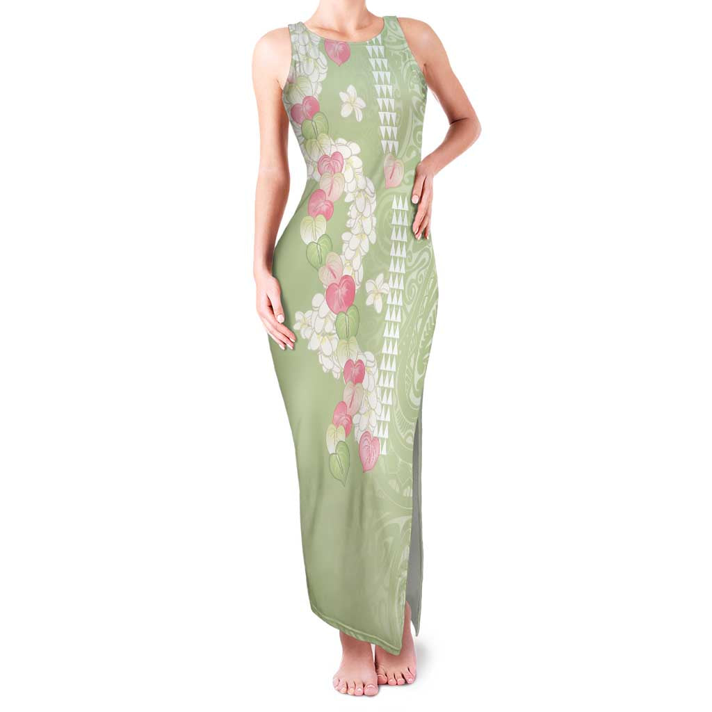 Leaf Green Hawaii Anthurium Plumeria Lei Family Matching Tank Maxi Dress and Hawaiian Shirt LT9 Mom's Dress Green - Polynesian Pride