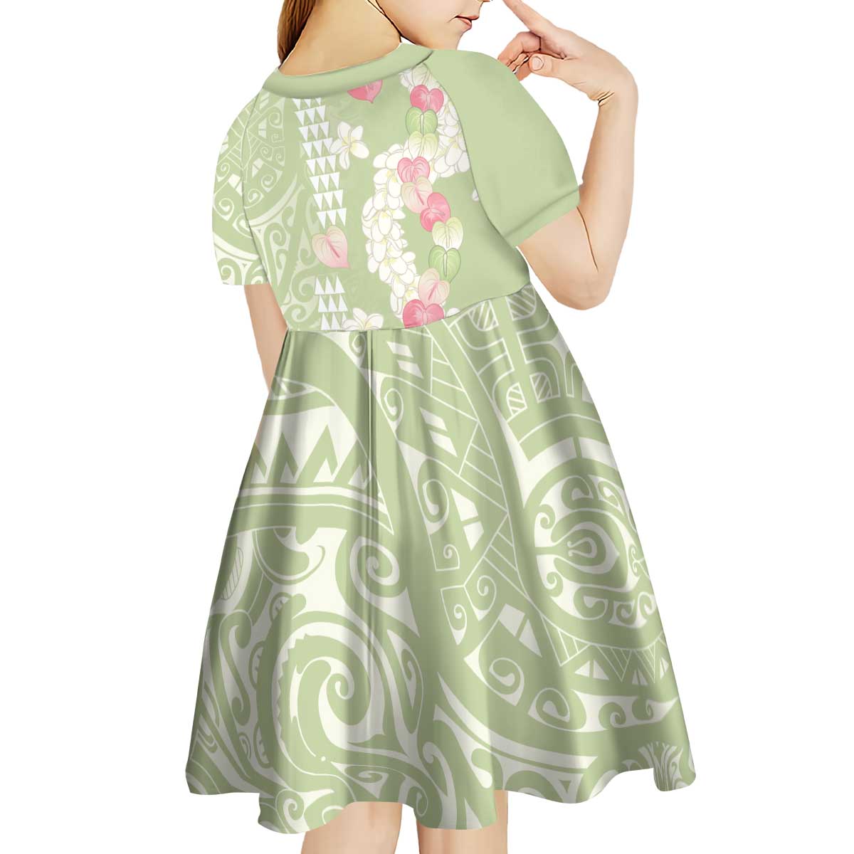 Leaf Green Hawaii Anthurium Plumeria Lei Kid Short Sleeve Dress