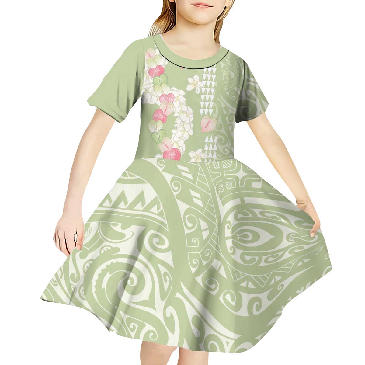 Leaf Green Hawaii Anthurium Plumeria Lei Kid Short Sleeve Dress