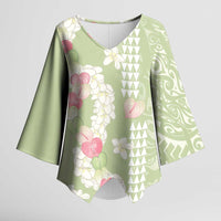 Leaf Green Hawaii Anthurium Plumeria Lei Kimono Sleeve Blouse