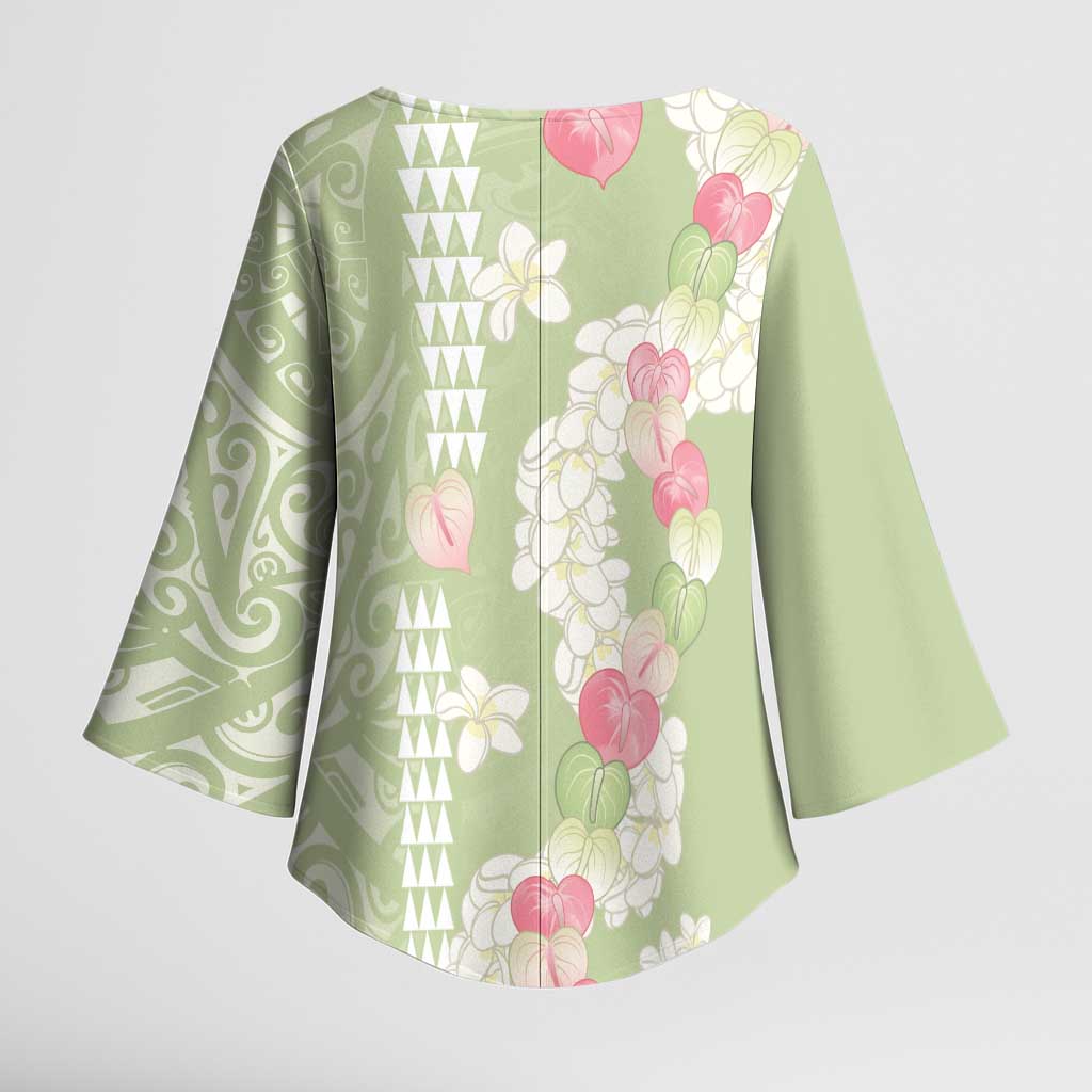 Leaf Green Hawaii Anthurium Plumeria Lei Kimono Sleeve Blouse