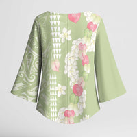 Leaf Green Hawaii Anthurium Plumeria Lei Kimono Sleeve Blouse