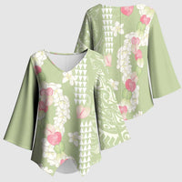 Leaf Green Hawaii Anthurium Plumeria Lei Kimono Sleeve Blouse