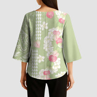 Leaf Green Hawaii Anthurium Plumeria Lei Kimono Sleeve Blouse