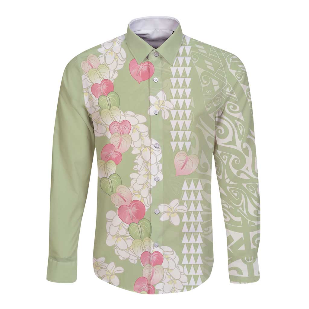 Leaf Green Hawaii Anthurium Plumeria Lei Long Sleeve Button Shirt
