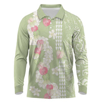 Leaf Green Hawaii Anthurium Plumeria Lei Long Sleeve Polo Shirt