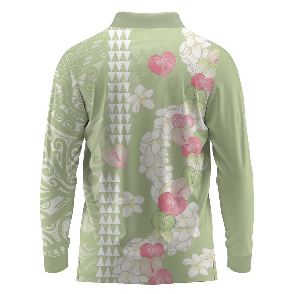 Leaf Green Hawaii Anthurium Plumeria Lei Long Sleeve Polo Shirt