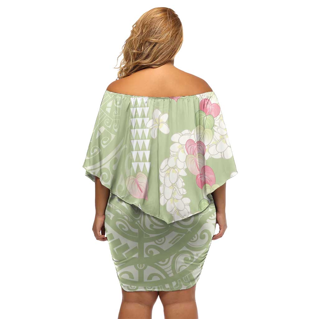 Leaf Green Hawaii Anthurium Plumeria Lei Off Shoulder Short Dress