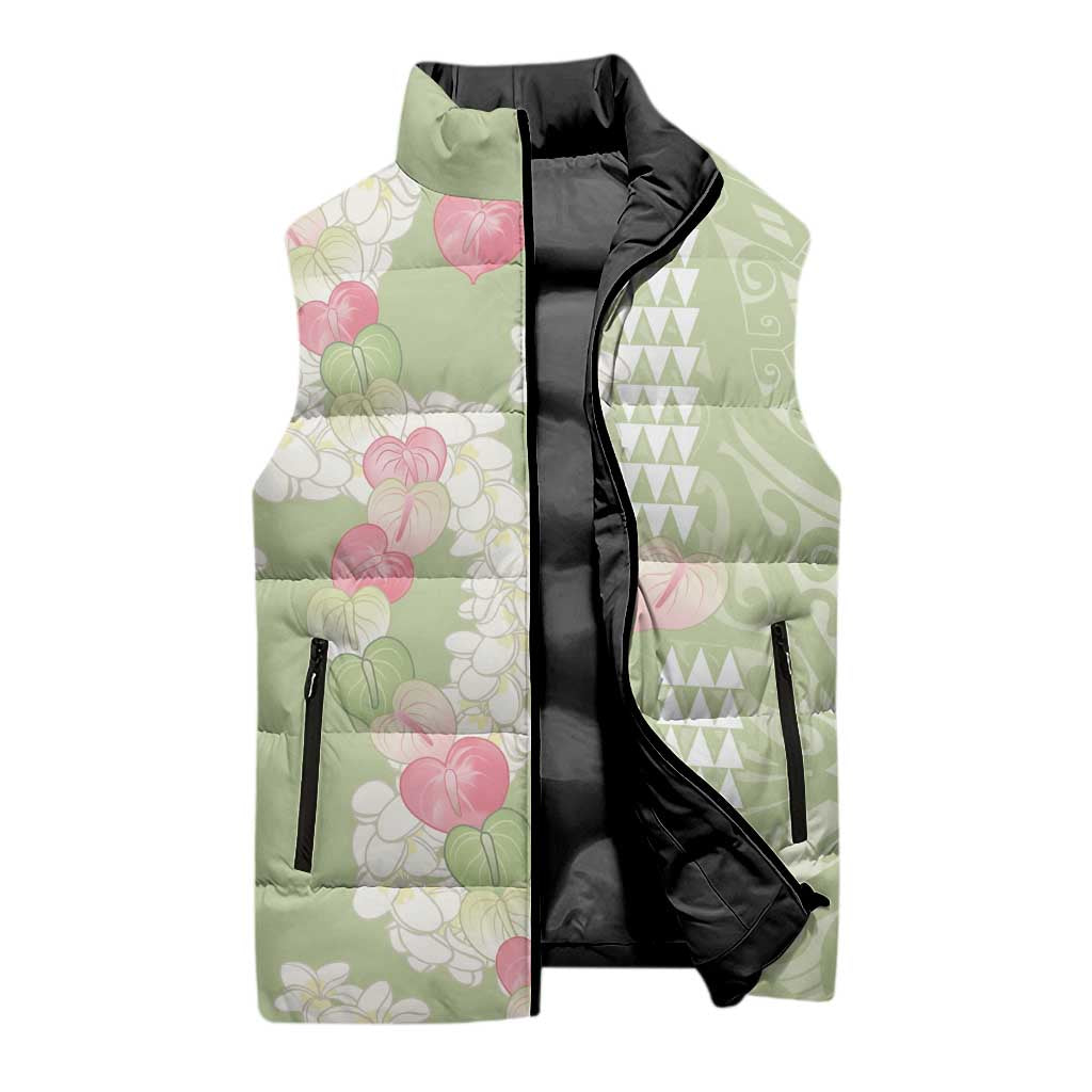 Leaf Green Hawaii Anthurium Plumeria Lei Sleeveless Puffer Jacket
