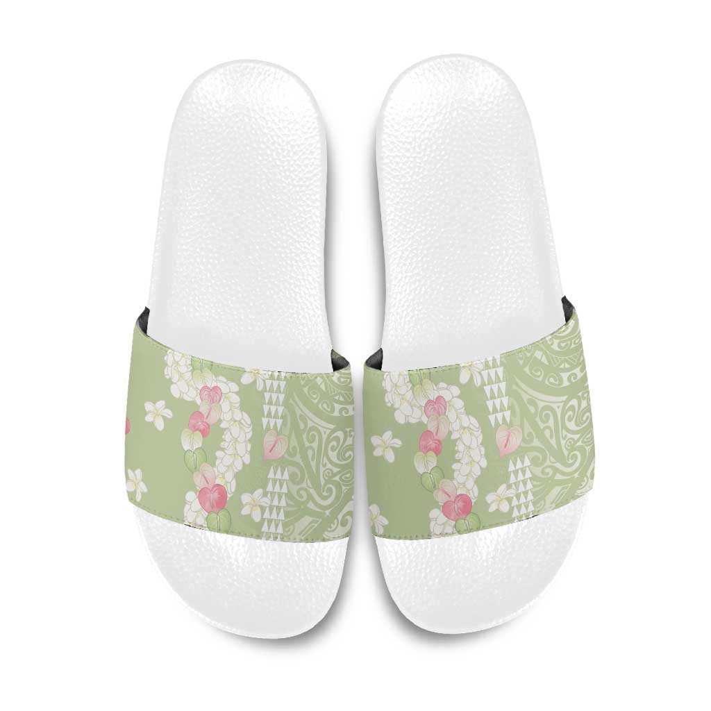 Leaf Green Hawaii Anthurium Plumeria Lei Slide Sandals