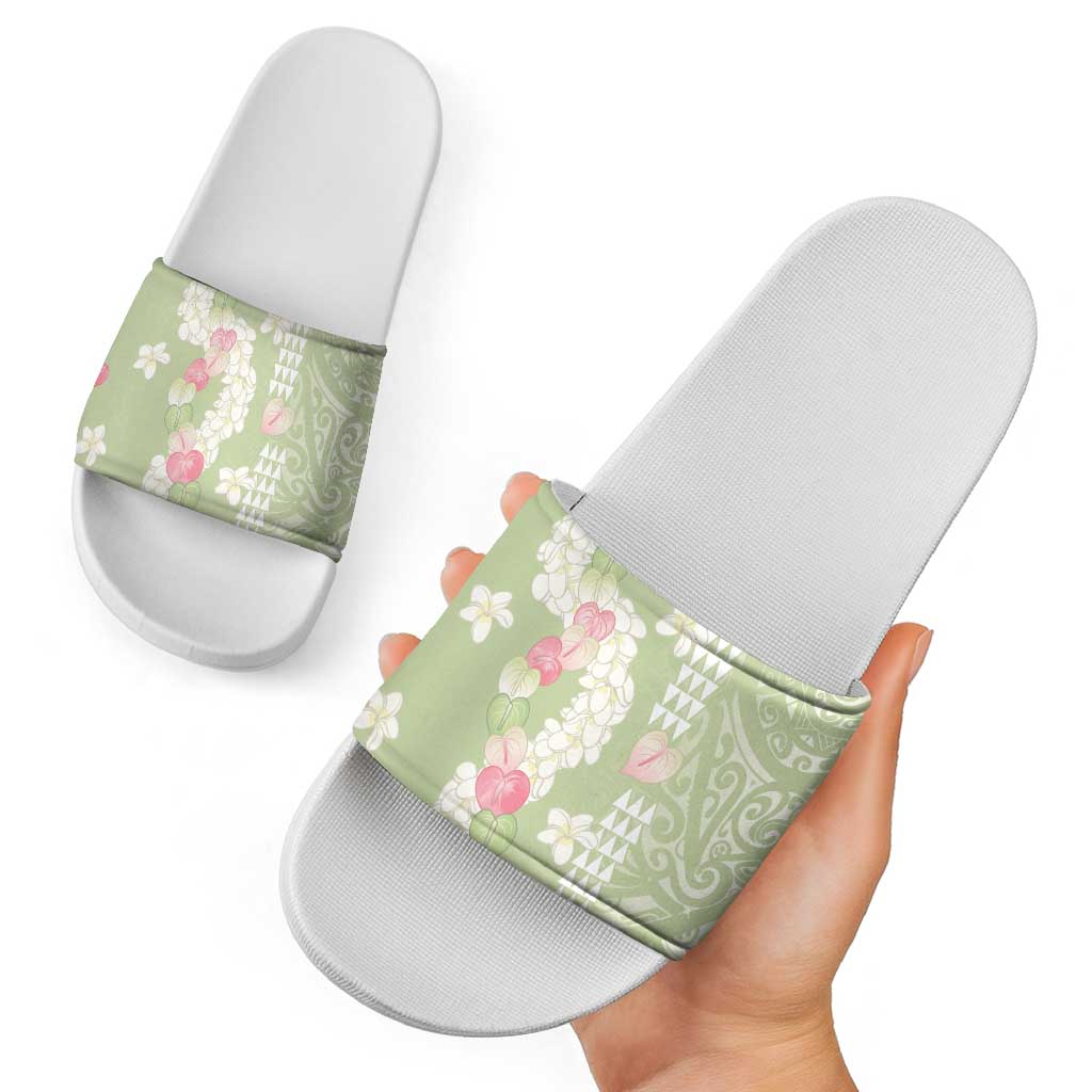 Leaf Green Hawaii Anthurium Plumeria Lei Slide Sandals