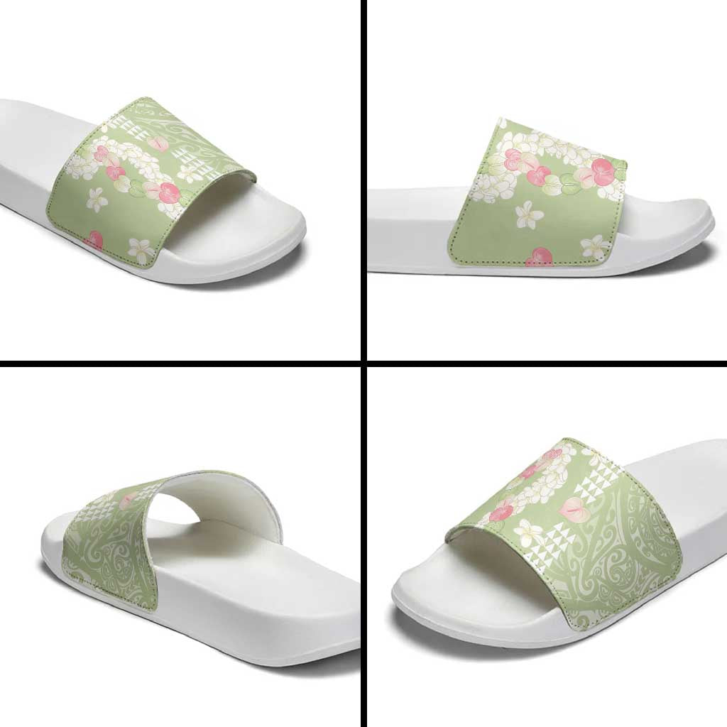 Leaf Green Hawaii Anthurium Plumeria Lei Slide Sandals