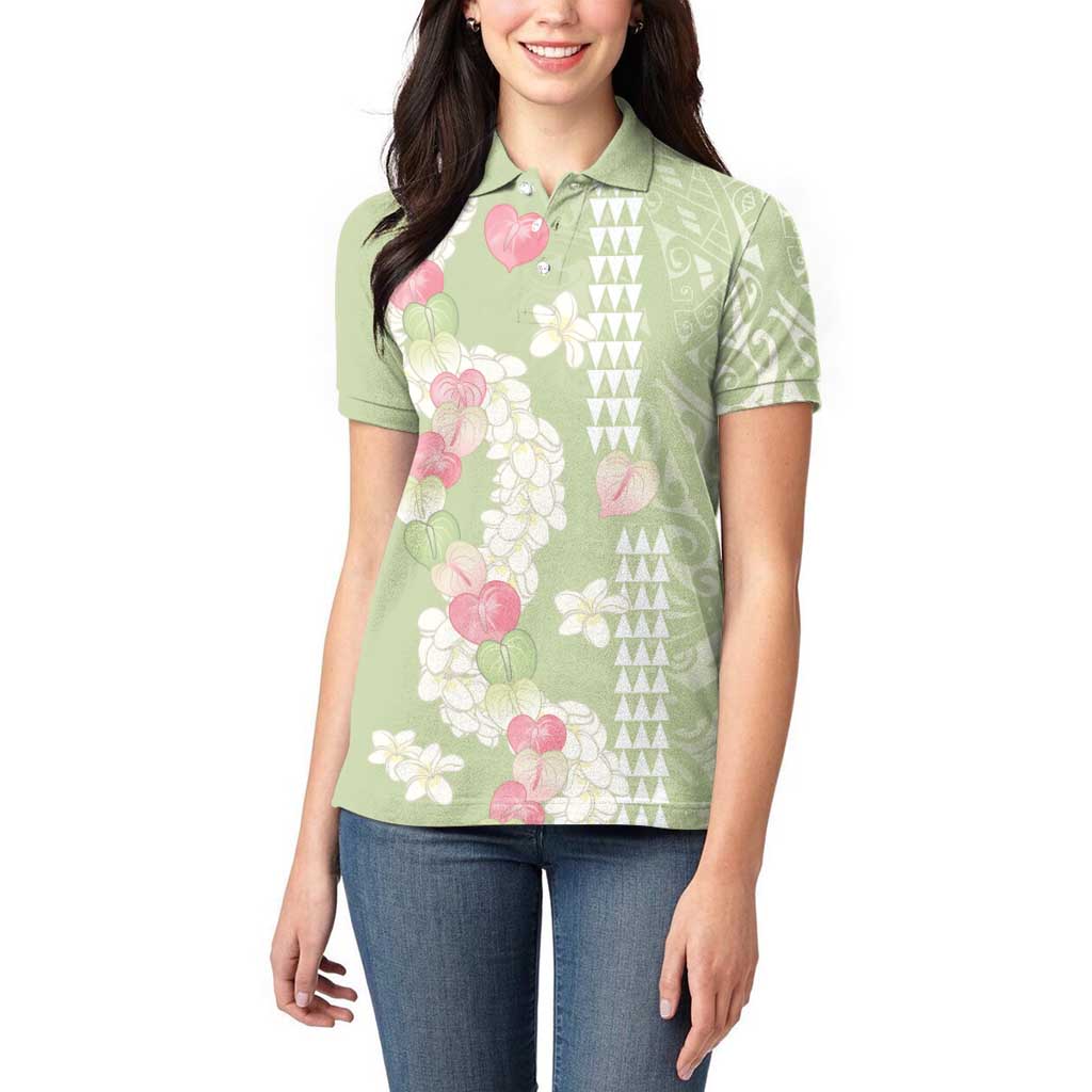 Leaf Green Hawaii Anthurium Plumeria Lei Women Polo Shirt