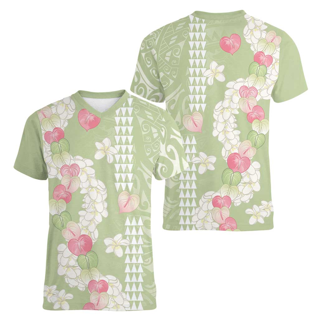 Leaf Green Hawaii Anthurium Plumeria Lei Women V-Neck T-Shirt