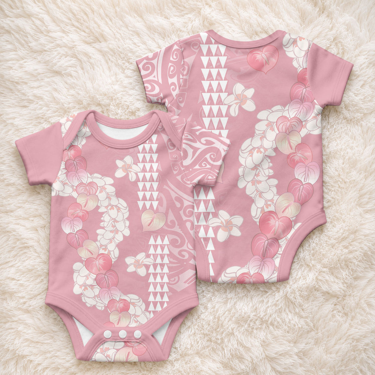 Soft Pink Hawaii Anthurium Plumeria Lei Baby Onesie LT9 - Polynesian Pride