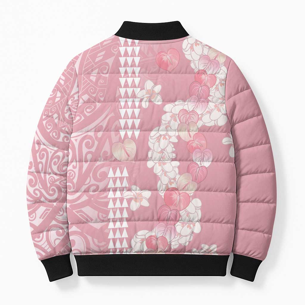 Soft Pink Hawaii Anthurium Plumeria Lei Bomber Puffer Jacket