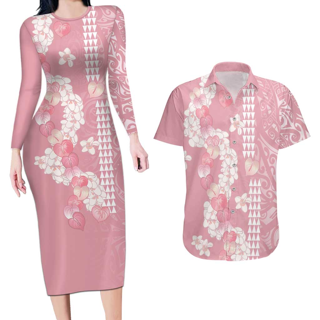 Soft Pink Hawaii Anthurium Plumeria Lei Couples Matching Long Sleeve Bodycon Dress and Hawaiian Shirt