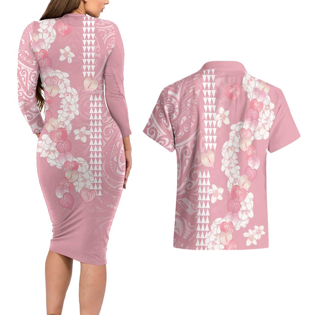Soft Pink Hawaii Anthurium Plumeria Lei Couples Matching Long Sleeve Bodycon Dress and Hawaiian Shirt