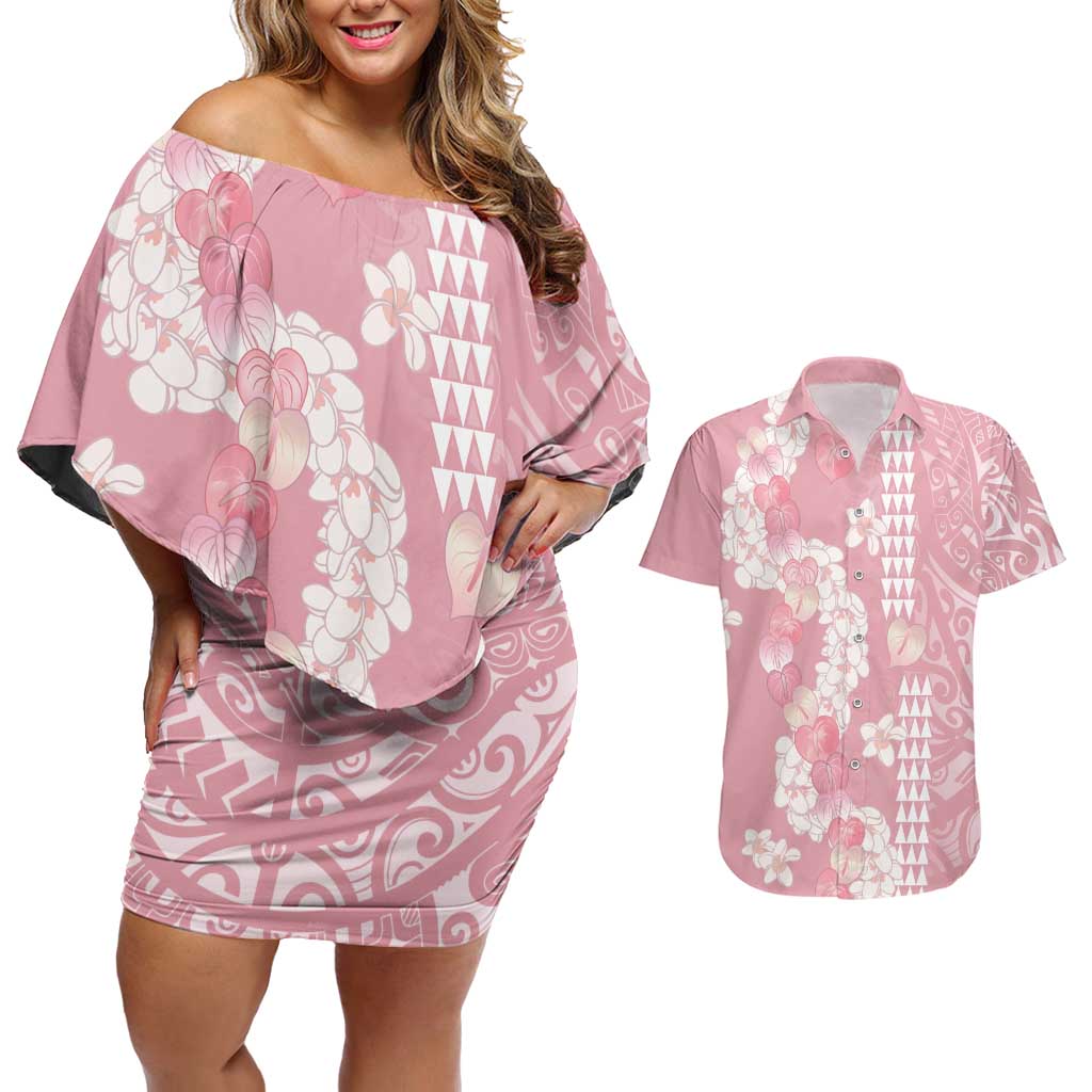 Soft Pink Hawaii Anthurium Plumeria Lei Couples Matching Off Shoulder Short Dress and Hawaiian Shirt LT9 Pink - Polynesian Pride