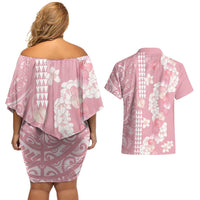 Soft Pink Hawaii Anthurium Plumeria Lei Couples Matching Off Shoulder Short Dress and Hawaiian Shirt LT9 - Polynesian Pride