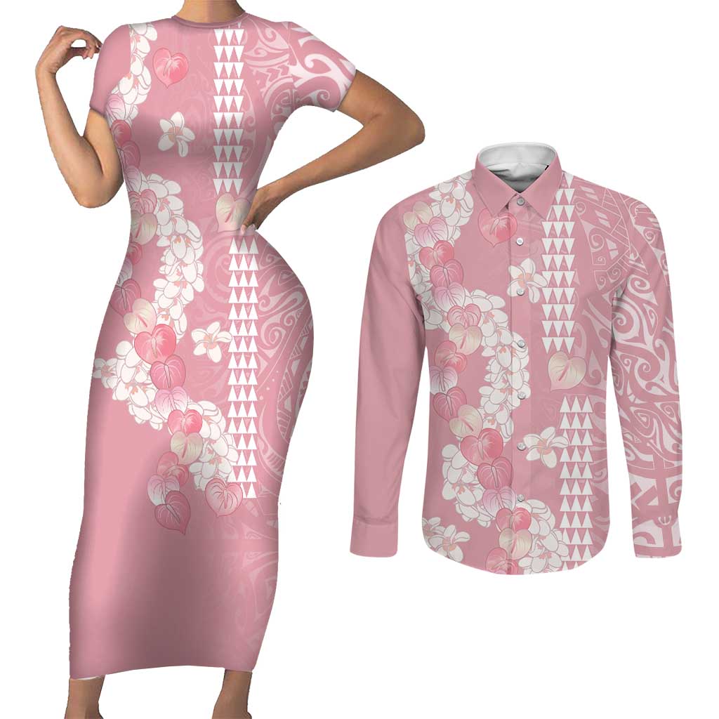 Soft Pink Hawaii Anthurium Plumeria Lei Couples Matching Short Sleeve Bodycon Dress and Long Sleeve Button Shirt