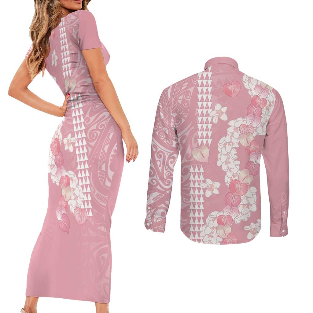 Soft Pink Hawaii Anthurium Plumeria Lei Couples Matching Short Sleeve Bodycon Dress and Long Sleeve Button Shirt