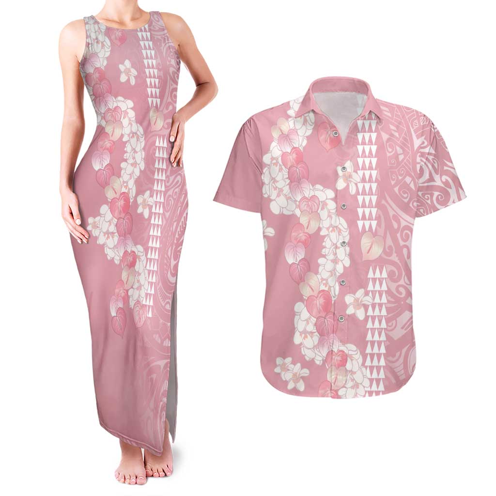 Soft Pink Hawaii Anthurium Plumeria Lei Couples Matching Tank Maxi Dress and Hawaiian Shirt